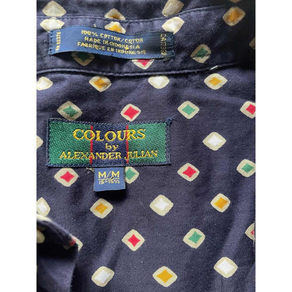 Navy Mens Button Down Shirt Diamond AOP Size Medium Bold Retro Cotton Hoco prom - Picture 7 of 7